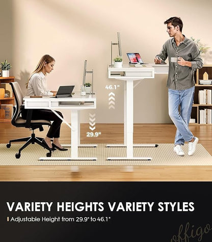 OffiGo 63 Inch L Shaped Electric Standing Desk with Drawers, Height Adjustable Large Desk with Power Outlets, Sit Stand Table, Writing Computer Desk for Home, Office, Workstation,White
