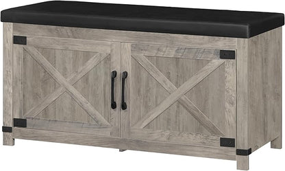 Shoe Storage Bench, 2 Tier Shoe Bench with Padded Seat Cushion & 2 Barn Doors, Entryway Bench with Adjustable Shelf, Farmhouse Shoe Cabinet for Living Room, Bedroom, Greige SB26605BK