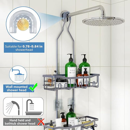 Upgraded Extended Length Shower Caddy Over Showerhead No Blocking to Showerhead, Rustproof Bathroom Organizers and Storage with Hooks Shampoo Soap Holder, Large Hanging Caddy, Grey