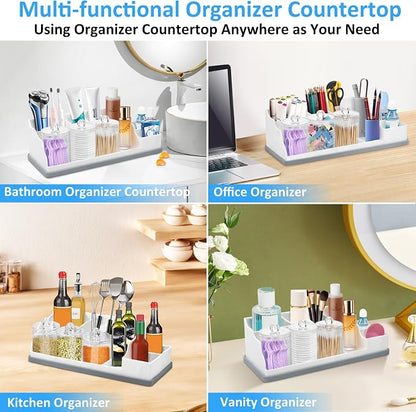 Bathroom Counter Organizer, Large White Silicone Toothbrush Holders for Bathrooms Organizer Countertop with 3PCS Qtip Holder, Toothbrush and Toothpaste Holder for Bathroom Organization Storage Vanity