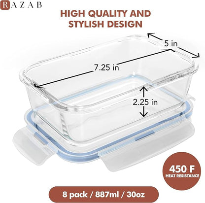 Razab 16 Pc (Set of 8) 30 Oz Glass Meal Prep Containers with Lids, Airtight Large Glass Food Storage Containers, Reusable Leak Proof BPA Free, Freezer to Oven and Dishwasher Safe