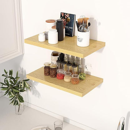 Dreamland 24" Floating Shelves for Wall, 12" Deep Slim Oak Floating Shelves, Wall-Mounted Shelves for Bedroom, Living Room, Kitchen, Bathroom - Set of 2
