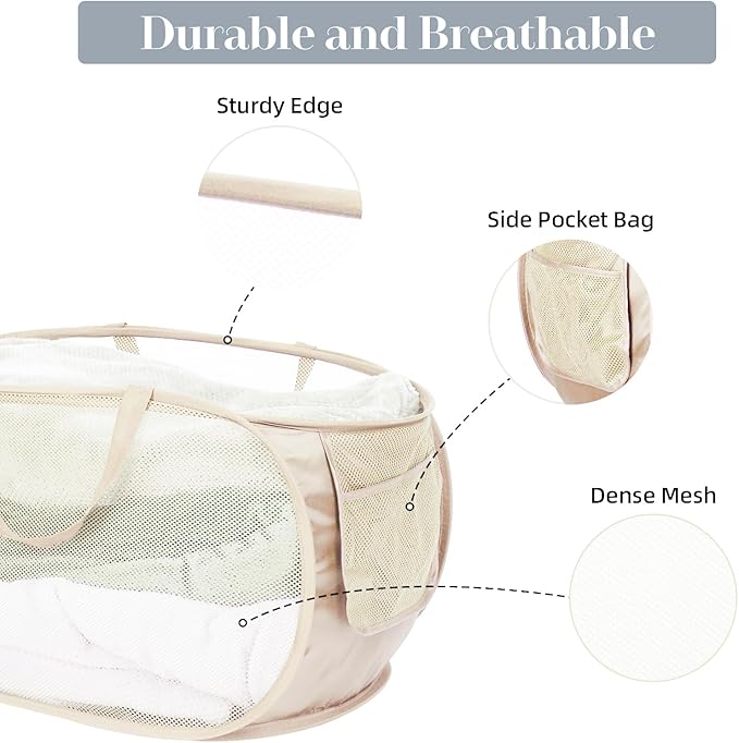 5 Pcs Durable Collapsible Laundry Baskets, Foldable Laundry Basket Large Opening, Pop Up Laundry Hamper with Pocket, Clothes Hamper with Handles for Laundry, Bathroom, Kids Room, Dorm or Trave