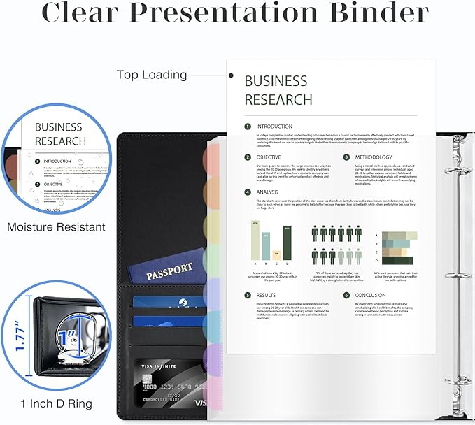 Ospelelf Leather Binder with 58 Plastic Sleeves, 3 Ring Presentation Binder for 8.5x11, Portfolio Organizer with 8 Tabbed Sleeves & Zipper Pocket for Documeents, Artwork, Certificates Black