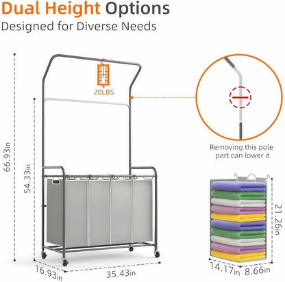 ROMOON Laundry Hamper Sorter Cart: 4 Section Organizer with Hanging Bar and Heavy-duty Lockable Wheels | 180L Rolling Laundry Basket with Clothes Rack in Laundry Room or Small Spaces (Grey)