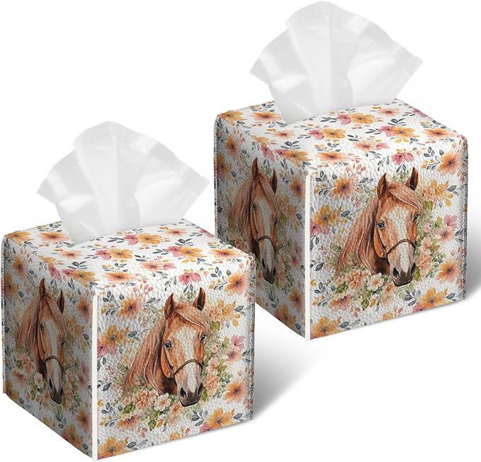 Horse Floral Tissue Box Cover 2PCS, Leather Tissue Box Holder Square Facial Paper Case Tissue Box Cube Organizer for Bathroom Bedroom Desk Office