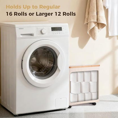 Upgraded Toilet Paper Storage Organizer with Lockable Wheels, 33L Slim Bathroom Hamper – Holds 16 Rolls, Mobile Laundry Basket for Bathroom, Bedroom, Dorm, Foldable & Waterproof (Beige)