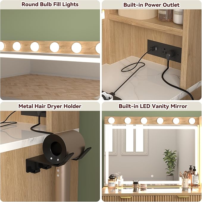 43" Fluted Makeup Vanity Desk with 32" Mirror and Lights, Modern Glass Top Large Vanity Table with 5 Drawers and 2 Storage Cabinets, Dressing Table Set with Charging Station for Bedroom-Gray