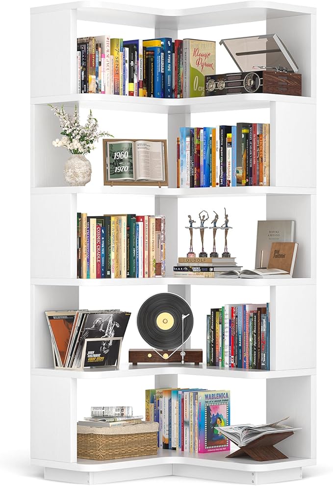 Armocity Corner Book Shelf - 6 Tier Corner Bookshelf Etagere Bookcase with Baffle, Freestanding L Shaped Display Shelf Stand for Home Office, Living Room, Bedroom, Kitchen, White