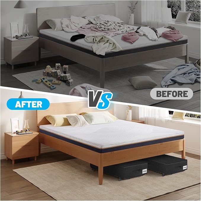 Large Sturdy Under Bed Storage with Wheels, 2 Pack 50L Rolling Underbed Storage Bins, Under Bed Containers Drawer with Metal Bottom Support, Bedroom Organizer with Lids for Clothes, Shoes, Blankets