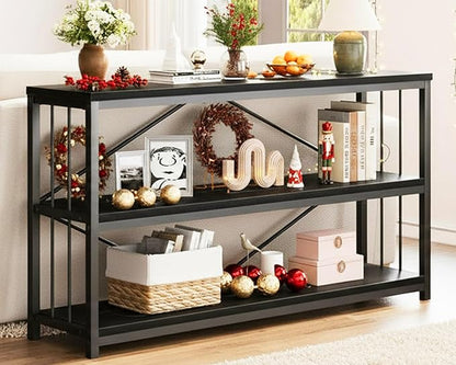 LVB Black Console Table, Modern Entryway Table for Hallway Living Room, Industrial Sofa Table Behind Couch, Farmhouse Wooden Metal Entry Table for Foyer with 3-Tier Storage Shelves, Black Oak, 55 Inch