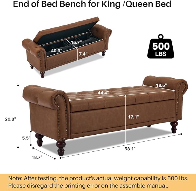 58.1" Storage Bench Upholstered PU Leather End of Bedroom Bed Bench Ottoman with Tufted Cushioned Rolled Arm Large Storage Space for Reading Living Room Entryway, Brown