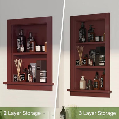 Recessed Medicine Cabinet Inset,Bathroom Wall Niche Insert for Drywall,14x18 Bathroom Medicine Cabinet Shelf Wood Replacement,in Wall Cabinet with Storage for Restaurant/Kitchen,Brown