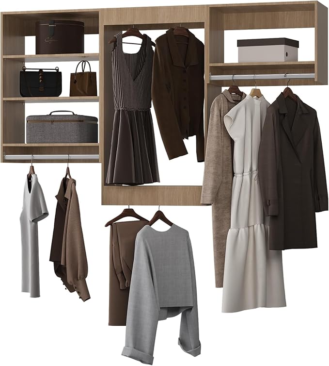 Modular Closet System, 66" Wide Closet Organizer System with Hanging Shelving , Wood Tower Closet Storage for Walk In Closets, Wall Mounted Wardrobe Organizer Kit System, Bedroom, Wood