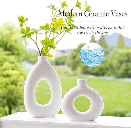 White Ceramic Vase Set of 2 for Modern Home Decor, Round Matte Donut Vases for Pampas Grass, Boho Nordic Minimalism Style Modern Flower Vases for Living Room Table Bookshelf Office Bedroom