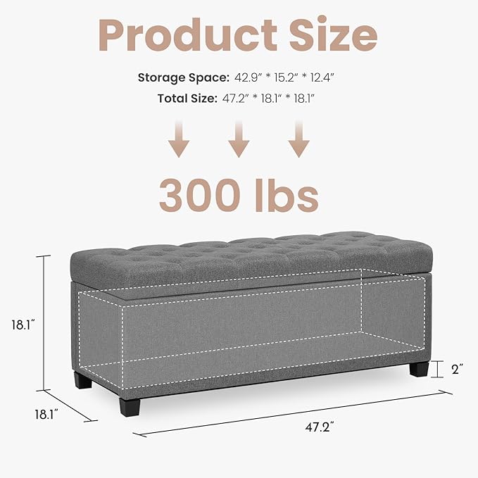 47.2" Ottoman with Storage, Storage Ottoman Bench with Safety Hinge,Tufted End of Bed Bench, Upholstered Entryway Bench for Bedroom, Living Room & Window (Lightgrey-Upgraded Version)