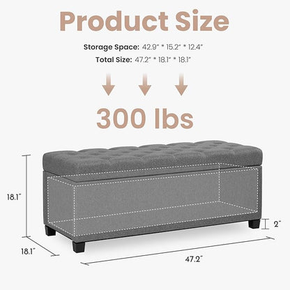 47.2" Ottoman with Storage, Storage Ottoman Bench with Safety Hinge,Tufted End of Bed Bench, Upholstered Entryway Bench for Bedroom, Living Room & Window (Lightgrey-Upgraded Version)
