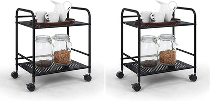 SunnyPoint 2-Tier Metal Rolling Utility Cart – Mobile Storage Shelf with Caster Wheels – Small Space Organizer for Home, Office, Bedroom, Kitchen (BLK) (Pack of 2)