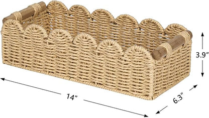 CubesLand Scalloped Decor Basket for Living Room, Home, Bathroom, 2SAME SIZE Paper Rope Basket, Toilet Storage Baskets for Over Toilet Storage Shelf, Cute Woven Basket Both Storage&Decor, Beige