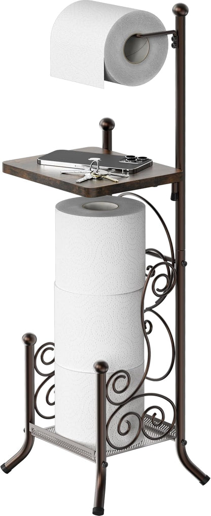 Simple Houseware English Style Bathroom Toilet Tissue Roll Holder Stand with Shelf, Bronze