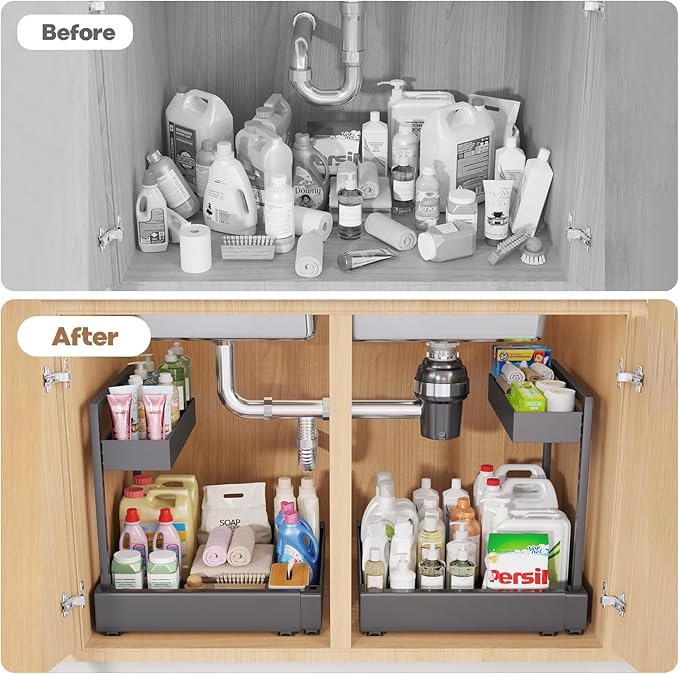 1-Pack L-Shape Expandable Under Sink Organizer with 3 Ball-Bearing Slide Rails,2-Tier Pull-Out Under Cabinet Storage Shelf for Kitchen & Bathroom,Height-Adjustable Slide-Out Cabinet Drawer-Black