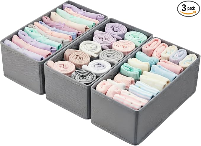 Small Foldable Fabric Drawer Organizer 3-Pack - 11“ Breathable Closet & Dresser Storage Bins for Socks, Underwear, Bras & Baby Clothes, Grey