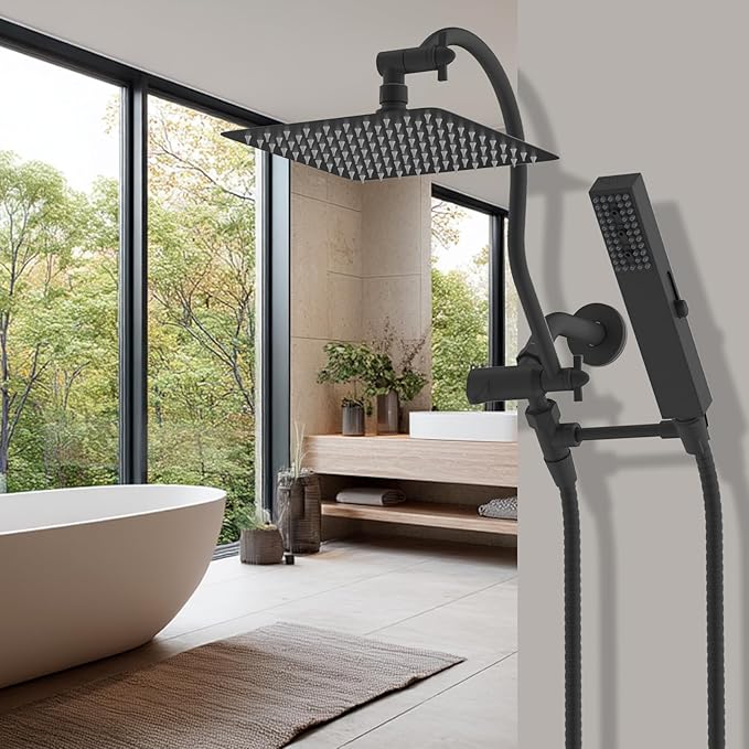 Hibbent All Metal cUPC Certified Shower Head, 8'' High Pressure Rainfall Showerhead Combo, Handheld Shower Wand, 12'' Adjustable Extension Arm, 4-Spray, 71'' Hose, Brass Shower Holder, Matte Black