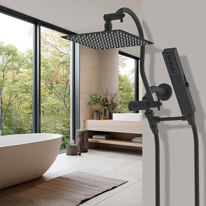 Hibbent All Metal cUPC Certified Shower Head, 10'' High Pressure Rainfall Showerhead Combo, Handheld Shower Wand, 12'' Adjustable Extension Arm, 4-Spray, 71'' Hose, Brass Shower Holder, Matte Black