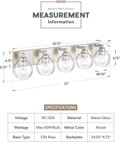 Bathroom Light Fixtures, 5 Light Brushed Nickel Vanity Light, 32 Inch Modern Wall Sconces with Globe Clear Glass Shade, Vanity Lighting Fixtures Over Mirror, VL195-BN-CL-5