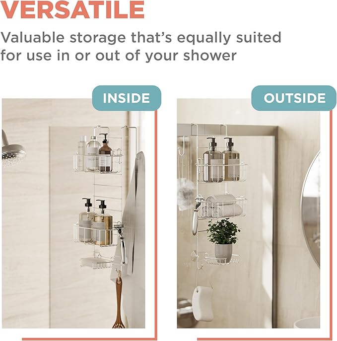 Zenna Home Shower Caddy Hanging Over the Shower Door Organizer, Stainless Steel Rack with 2 Shelves and Built in Hooks, Bathroom Organizer Shelf for Inside Shower, Chrome