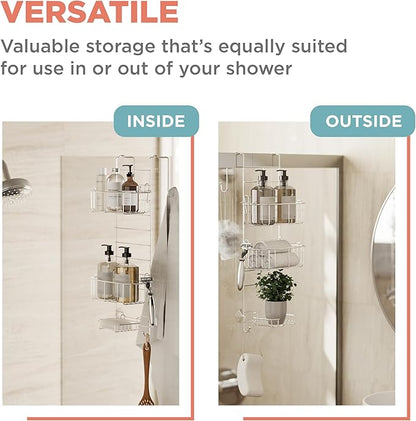 Zenna Home Shower Caddy Hanging Over the Shower Door Organizer, Stainless Steel Rack with 2 Shelves and Built in Hooks, Bathroom Organizer Shelf for Inside Shower, Chrome