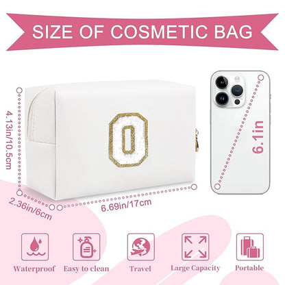 Small Personalized Initial A-Z Preppy Patch Makeup Bag,White PU Chenille Letter Travel Cosmetic Pouch with Zipper,Cute Toiletry Bag,Gift Ideal for Teen Girls Women Teacher Bridesmaid,Letter O