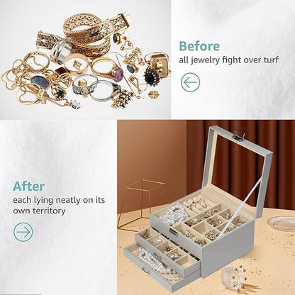 BOOVO Clear Lid Jewelry Box,3 Layers Jewelry Organizer Large Multi-Functional Jewelry Storage Box with 2 Drawers,Jewelry Display Case of Rings Earrings Necklace Bracelets for Women Girls (Grey)