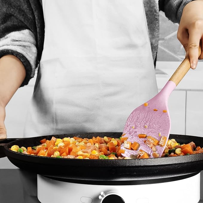 oannao Silicone Kitchen Utensils Set - 446°F Heat Resistant Cooking Utensil Sets, Spatula,Turner,Tongs,Spoon,Whisk, Wooden Handle Silicone Kitchen Gadgets Tools for Non-Stick Cookware BPA Free (Pink)