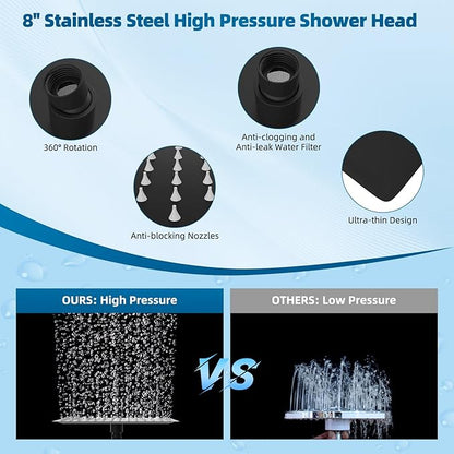 Hibbent All Metal cUPC Certified Shower Head, 8'' High Pressure Rain Shower Head, Handheld Showerhead Combo with 16'' Adjustable Extension Arm, 10 Sprays, 71'' Hose, Showerhead Holder, Matte Black