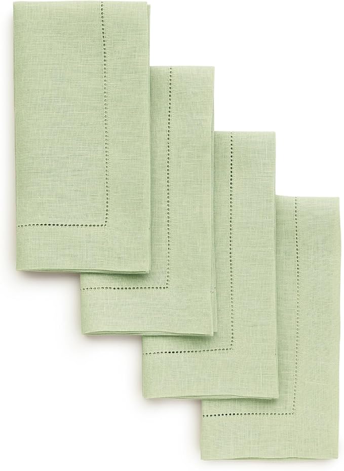 Solino Home Linen Napkins Set of 4 - Classic Hemstitch 100% Pure Linen Sage Green Dinner Napkins Cloth 20 x 20 Inch for Winter, Spring, Easter, St Patricks Day - Handcrafted and Machine Washable