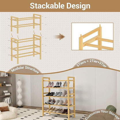 Haddockway Bamboo Shoe Rack for Closet, Free Standing Shoe Organizer with Smooth Round Rods & Convenient Handles, Stackable Shoe Storage Shelf for Entryway, Hallway(Natural, 5-Tier(Small))