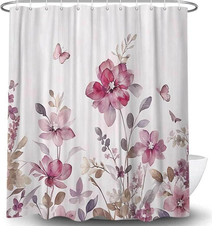 Lavender Pink Floral Shower Curtain, Lavender Pink Floral Butterfly Boho Shower Curtains for Bathroom, Farmhous Flower Cute Fabric Shower Curtain Set with 12PCS Hooks, 36X70IN