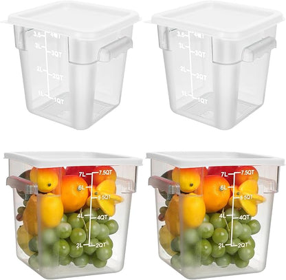 Lallisa 4 Pcs 8 Qt and 4 Qt Clear Food Storage Containers with Lids, Handles and Scales, Commercial Grade Square Containers Polycarbonate Air Tight for Home Storage Kitchen Restaurant(White)