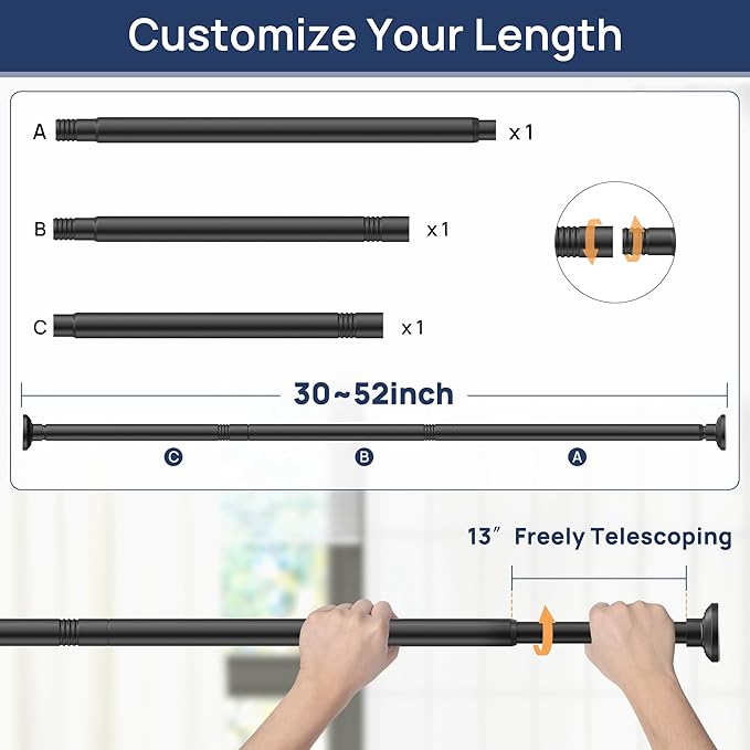 ENJOYBASICS Matte Black Shower Curtain Rod 30 to 52 Inches, Stainless Steel Adjustable Spring Tension Rods No Drill for Bathroom, Closet, Window, Room Divider, Never Rust, Non Slip
