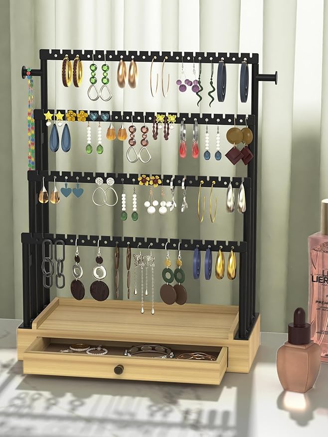 Earring Holder Organizer, 4-Tier Metal Jewelry Display Stand with Wooden Drawer, Large Earring Organizer for Studs, Hoops, and Dangles, Modern Earring Storage Rack for Vanity or Dresser