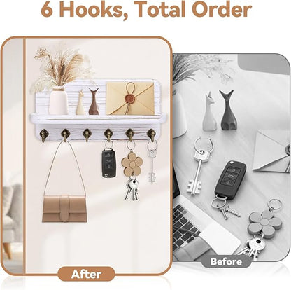 Key Holder for Wall, Mail Organizer Wall Mount with 6 Hooks Wooden Hanging Key Rack for Home Decor, Hallway, Entryway (Vintage White)