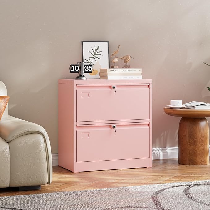 30.24" H Lateral File Cabinet 2 Drawer,Metal Wide Filing Cabinet with 2 Locks and Business Card Slot for Home Office School Hanging Letter/Legal/F4/A4 Size Folders,Required Assembly,Pink
