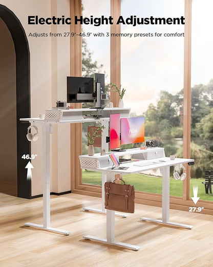 FiCiHi Standing Desk with Drawers, C-Clamp Mount Compatible, 48x24 Inch Electric Adjustable Height Computer Stand Up Desks, Home Office Sit Stand Table with 3 Preset Heights & 2 Hooks, White