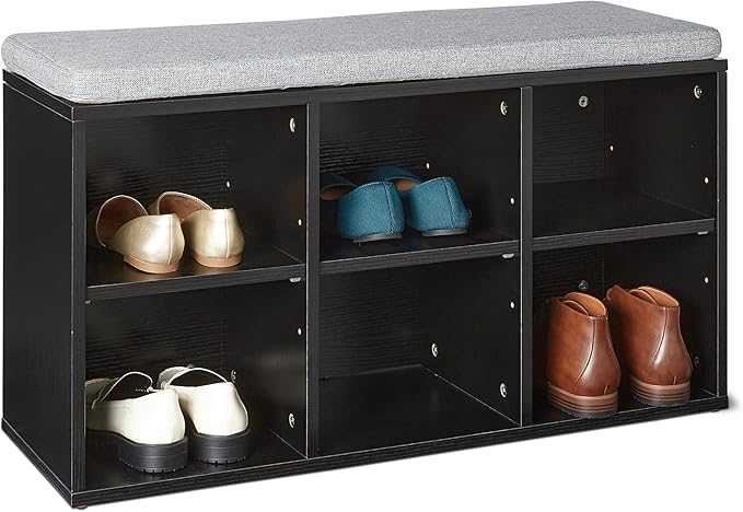 Amazon Basics Shoe Storage Bench with Cushion, 6 Cubbies, Adjustable Storage Shelves, Black