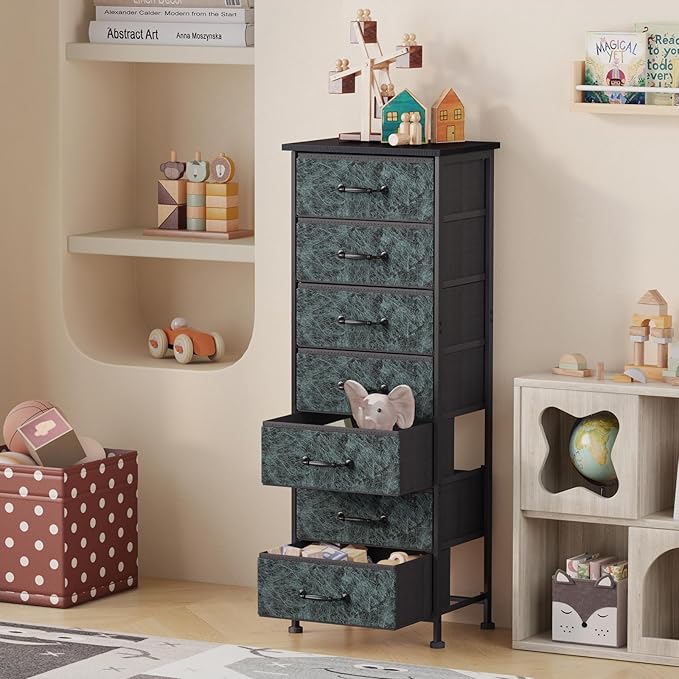 Fixwal Tall Dresser for Bedroom, Storage Dresser Organizer with 7 Fabric Drawers, Nightstand Furniture in Closet, Entryway, Hallway, Vintage Green