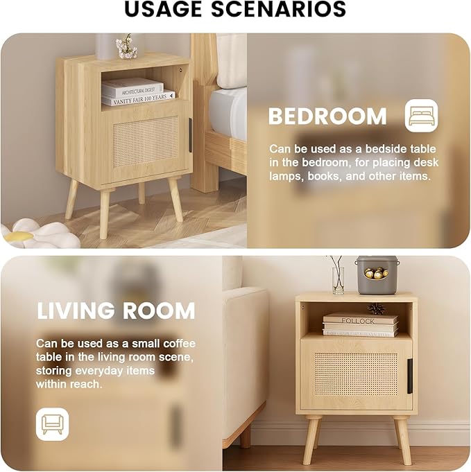 Rattan Nightstand with Storage, Side Table for Bedroom Living Room Dorm, Modern Bedside End Table with Open Shelf, Solid Wood Legs,Oak