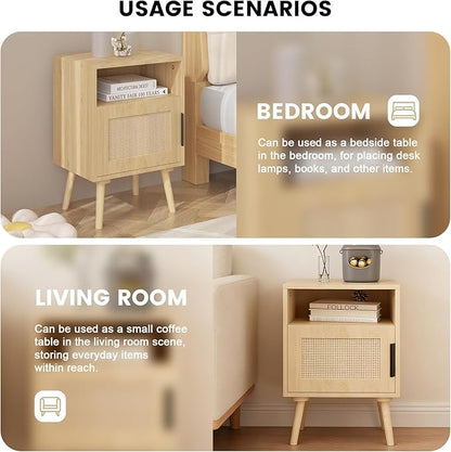 Rattan Nightstand with Storage, Side Table for Bedroom Living Room Dorm, Modern Bedside End Table with Open Shelf, Solid Wood Legs,Oak