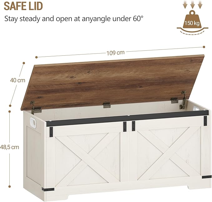 42.9" Storage Chest, Large Storage Trunk with 2 Hinges, Farmhouse Wooden Box Bench, Lift-Top Organizer Chest, Entryway Trunk for Bedroom, Living Room, White and Brown SB10914X