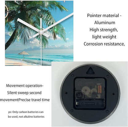 XFM Beach Wall Clock Silent Non-Ticking Battery Operated Clocks 12 Inch Blue Ocean Tropical Palm Tree Wall Clock Decorative for Living Room Kitchen Bedroom Office